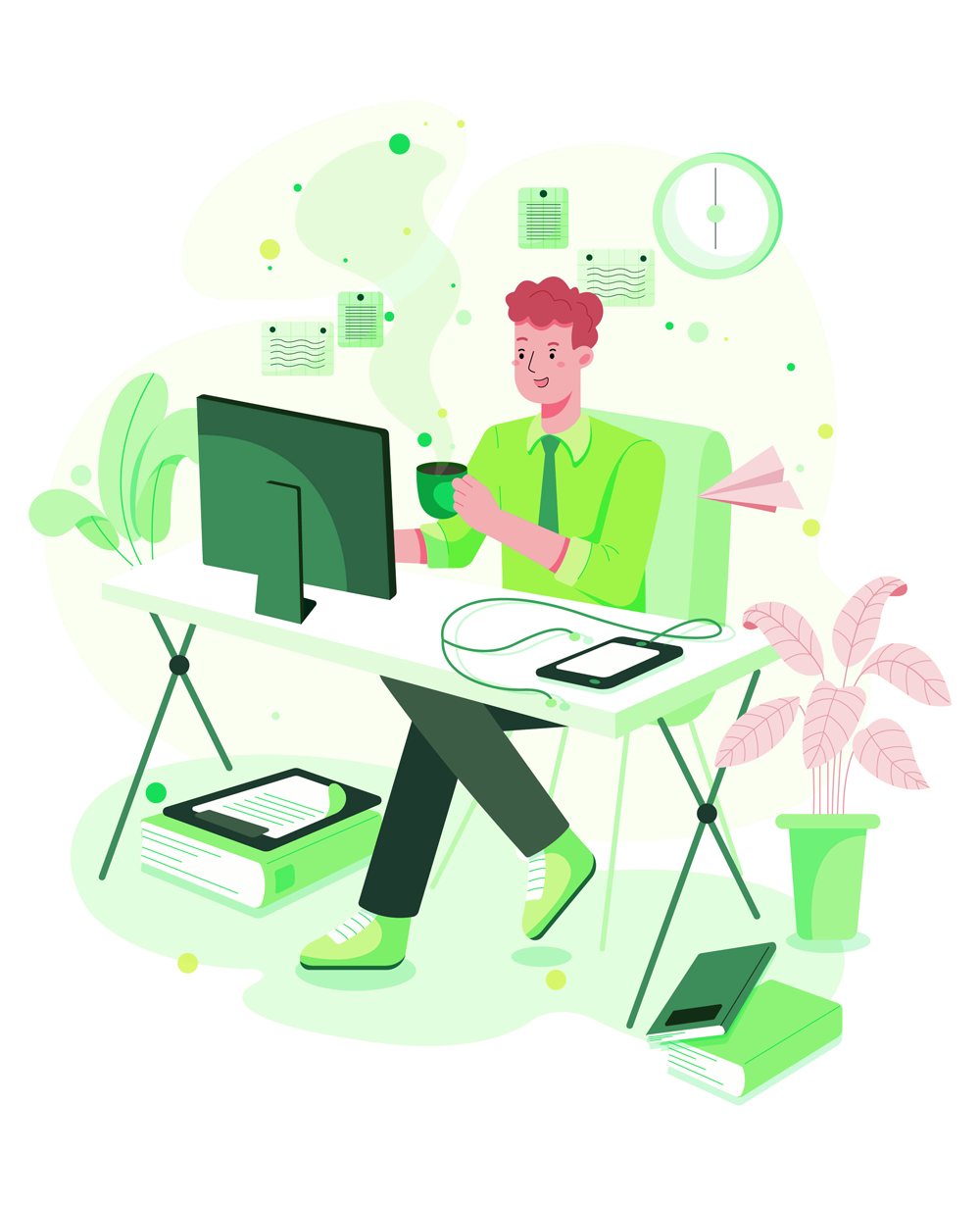 Grafische Darstellung eines Mannes der entspannt am Computer arbeitet